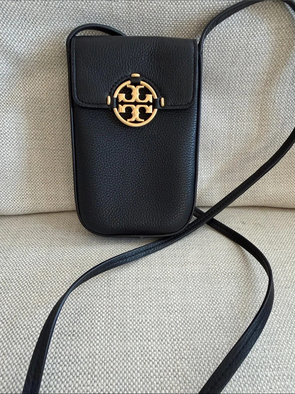 Tory Burch Black Leather Crossbody Phone Pouch with Gold Logo